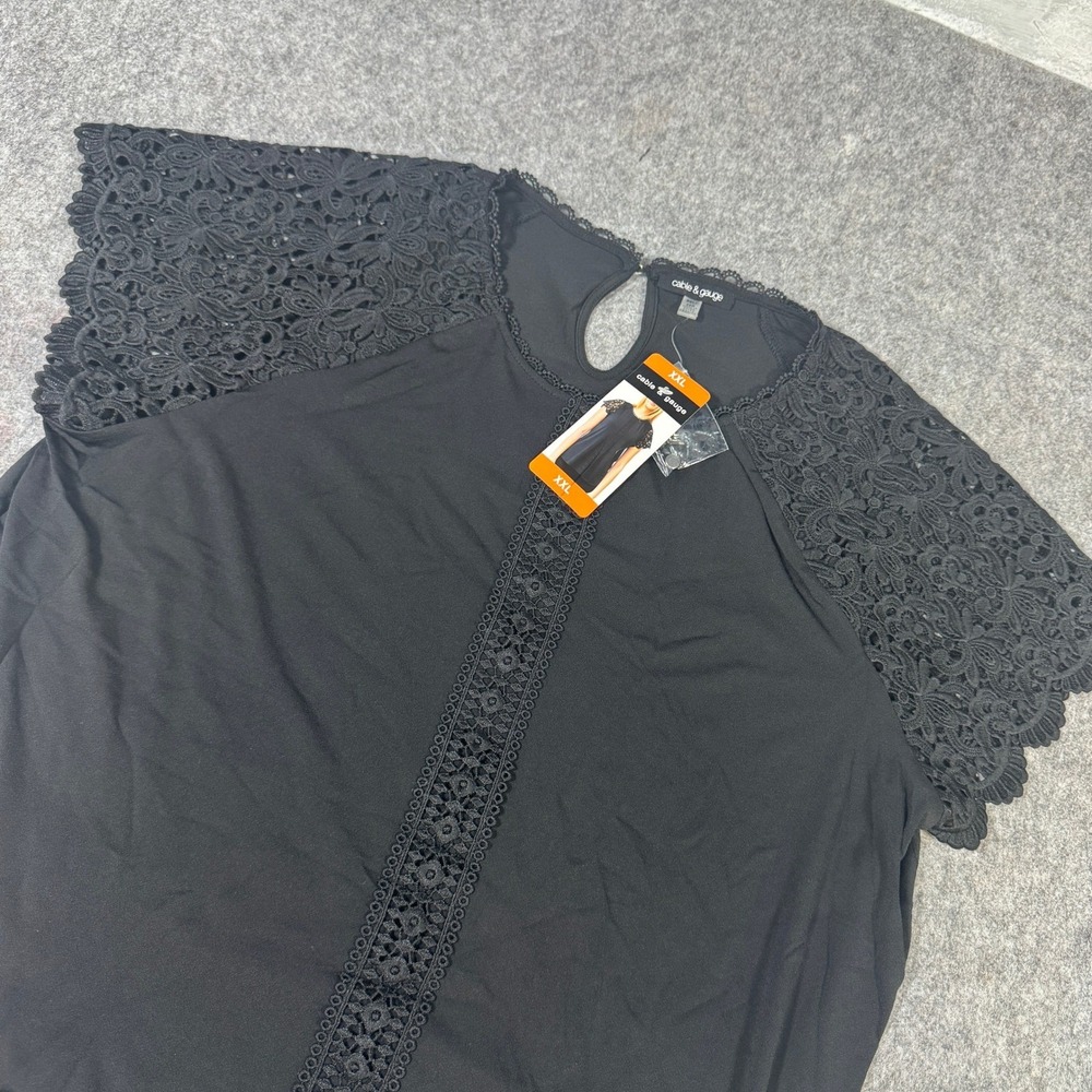 Cable & Gauge Black Lace Crochet Sleeve Blouse Top XXL New 1775614
